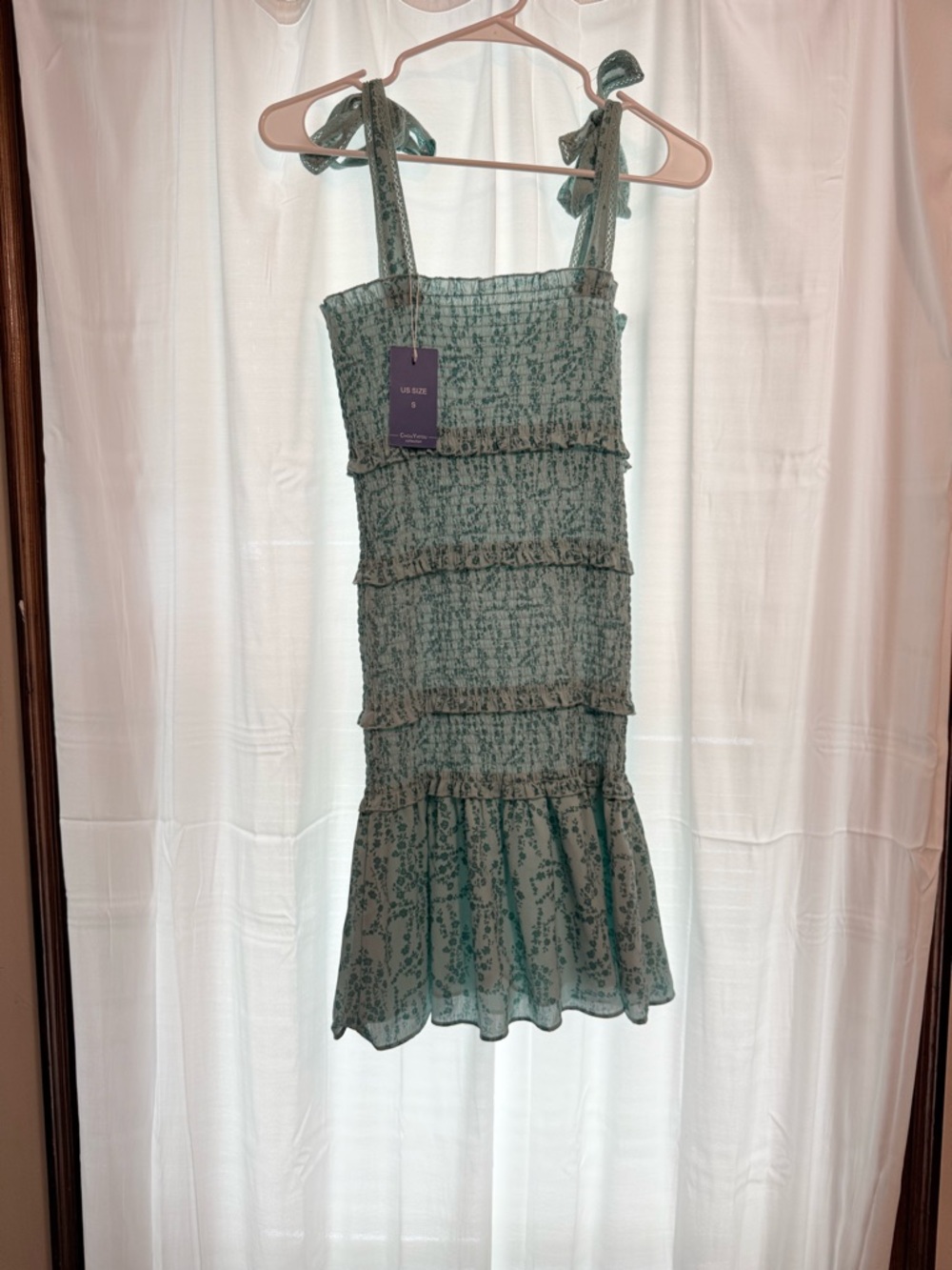 Tie-Shoulder Smocked Mini Dress in teal